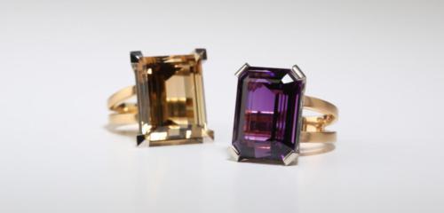 Rosegoldringe mit Amethyst und braunen Turmalin